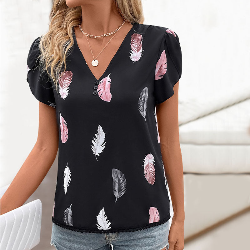 Damen Oberteil mit floralem Blattmuster und dekorativen Knopfdetails Drune