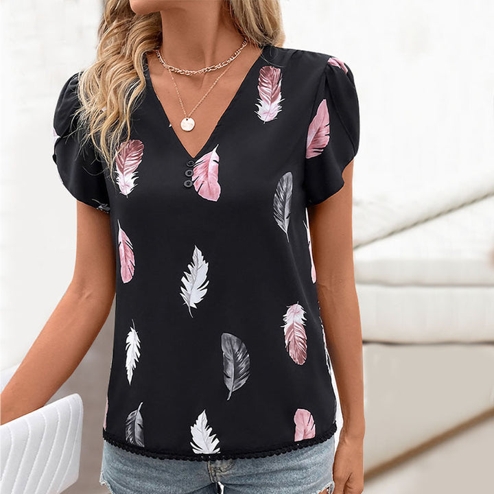 Damen Oberteil mit floralem Blattmuster und dekorativen Knopfdetails Drune