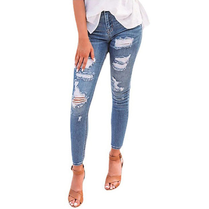 Damen nan hochgeschnittene Ripped-Skinny-Jeans mit Stretch, Five‑Pocket und figurformender Passform Drune