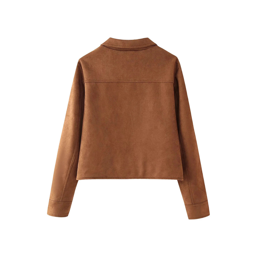 Damen modische Kurzjacke aus Wildlederimitat mit praktischen Taschen und elegantem Kragen Drune