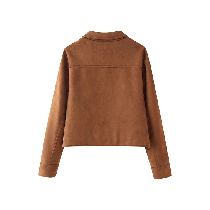 Damen modische Kurzjacke aus Wildlederimitat mit praktischen Taschen und elegantem Kragen Drune