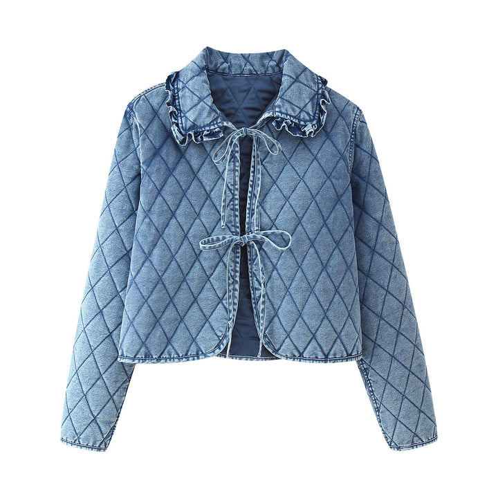 Damen gesteppte Jeansjacke mit Rüschendetails und Bindeverschluss Drune