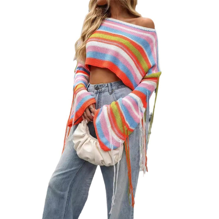 Damen Crop-Top mit bunten Streifen und fransigen Ärmeln Drune