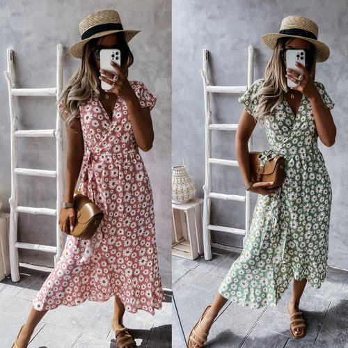 Damen florales Wickelkleid mit kurzem Ärmel und schwingendem Rock Drune