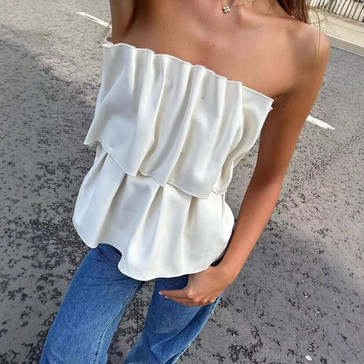 Damen ärmelloses Blusentop mit voluminösem Rüschendesign Drune