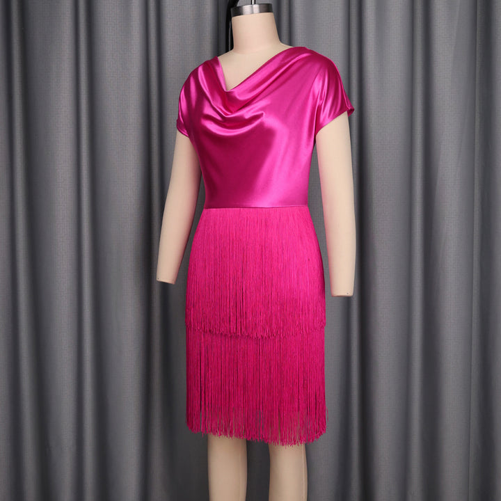 Damen schimmerndes Fransen Kleid mit eleganter Drapierung Drune