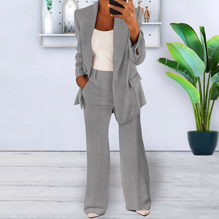 Damen nan bürotaugendes Hosenanzug Set mit weiter Hose und tailliertem Blazer Drune