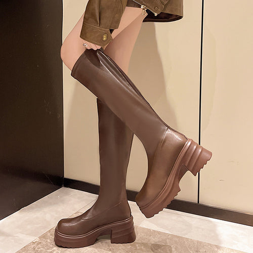 Damen modische Stretch-Stiefel mit dicker Plateausohle Drune