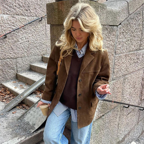 Damen elegante Kunstlederjacke mit aufgesetzten Taschen Drune