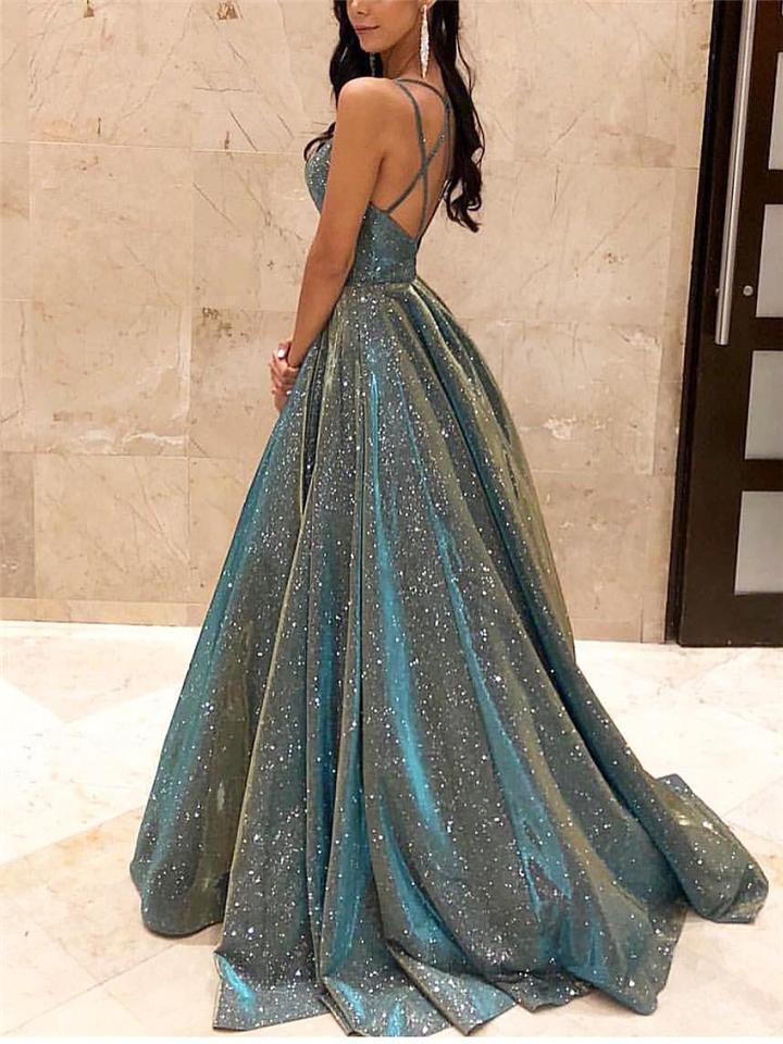 Drune | Damen Spaghettiträger V-Ausschnitt A-Linie Glitzer Maxikleid