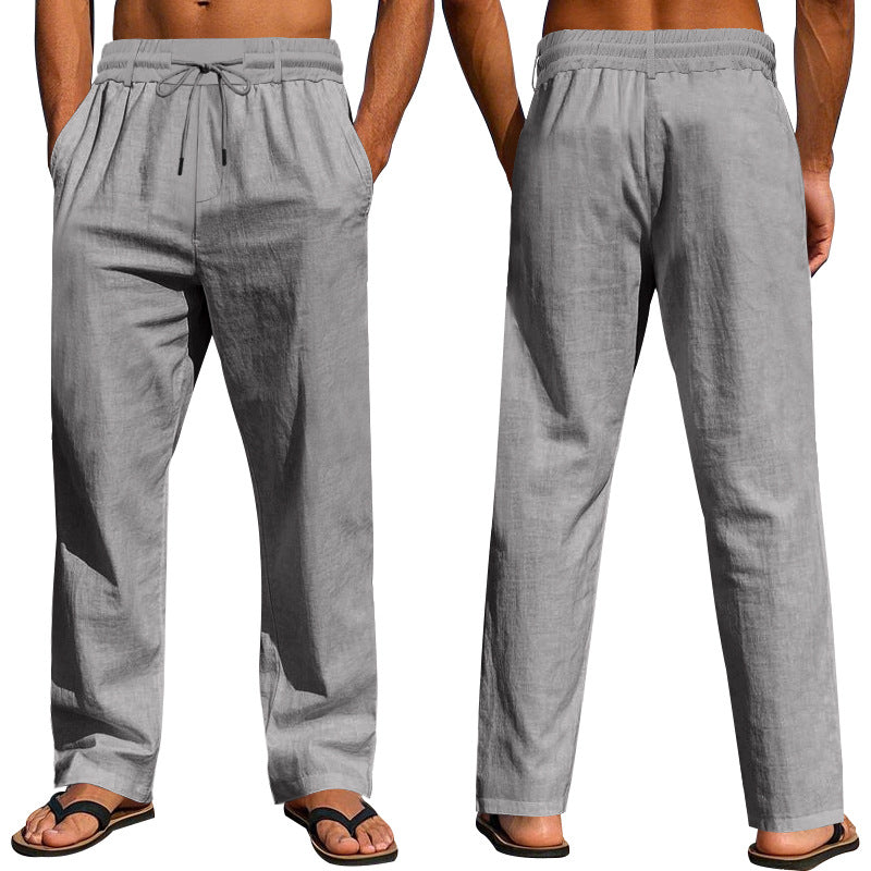 Herren nan leichte Baumwoll Leinen Freizeit-Hose mit Tunnelzug geradem Schnitt Drune