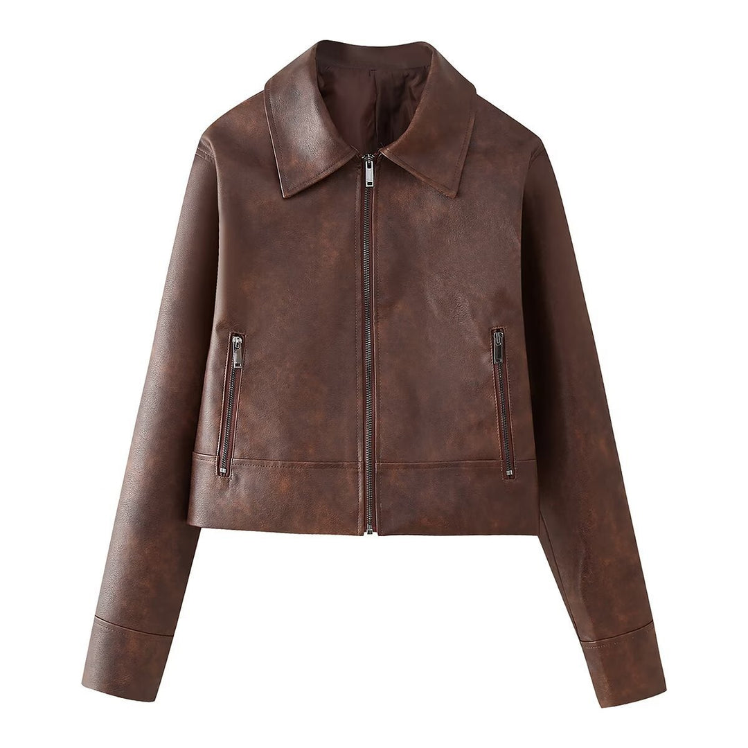 Damen cropped Kunstlederjacke mit stylischem Stehkragen und Reißverschlusstaschen Drune