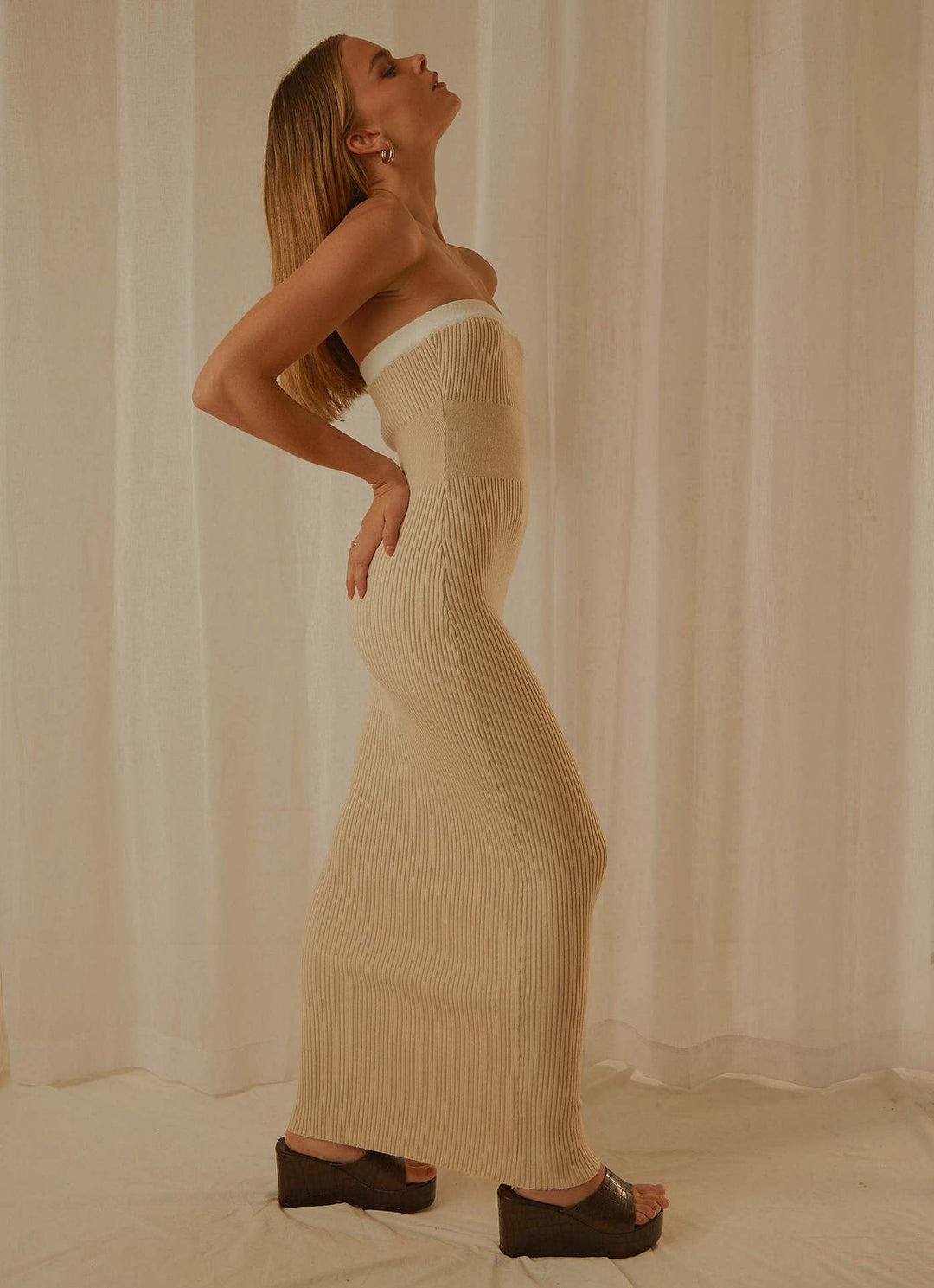 Damen elegantes Maxikleid aus feinem Rippenstrick Drune