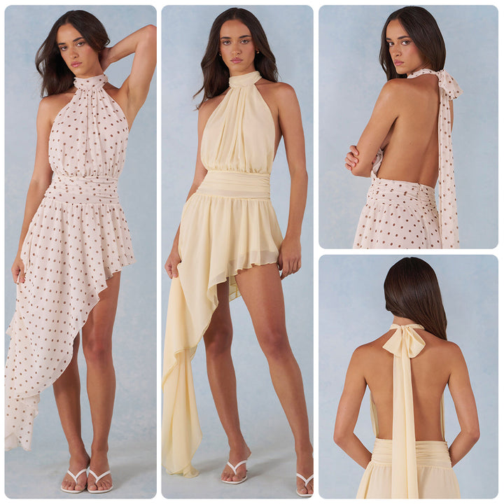 Damen Hochgeschlossenes Minikleid mit asymmetrischem Rock und fließendem Stoff Drune