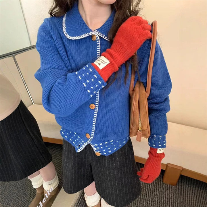 Damen modische Strickjacke mit großen Knopfdetails und kontrastierendem Design Drune