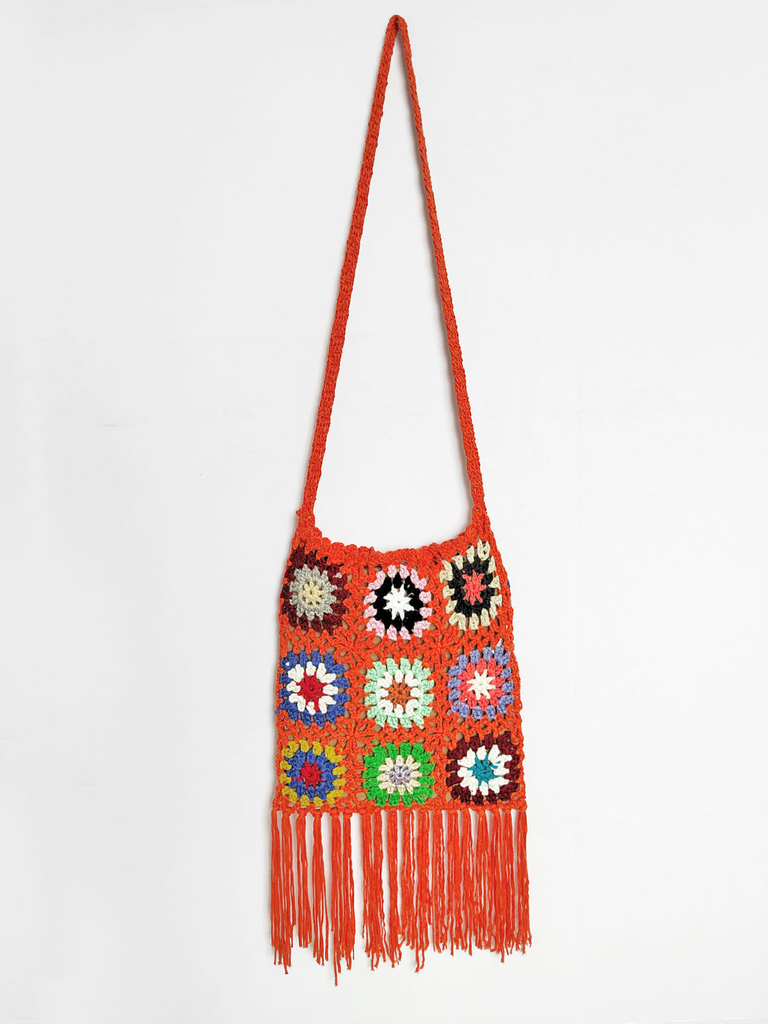 Damen gehäkelte Umhängetasche mit bunten Blumenmustern und Fransen Drune