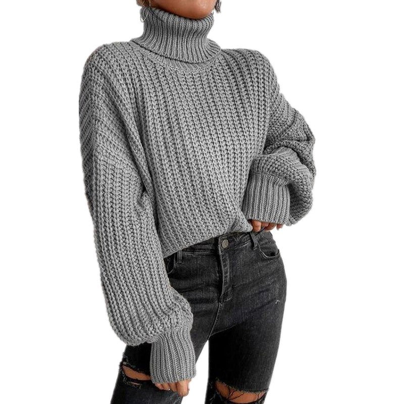 Damen Grob gestrickter Pullover mit hohem Kragen und weit ausgestellten Ärmeln Drune