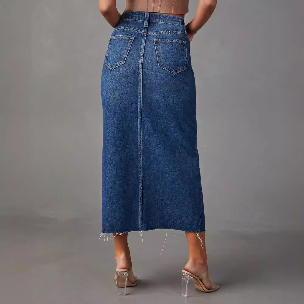 Damen Hoch geschnittene Denim-Midirock mit seitlichem Schlitz und fransigen Säumen Drune