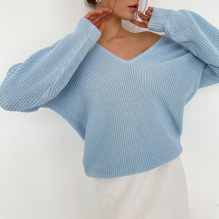Damen eleganter V-Ausschnitt Pullover mit feiner Rippenstruktur und überschnittenen Schultern Drune