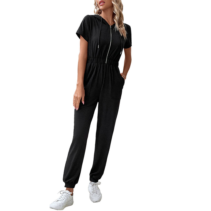 Damen modischer Kapuzen-Jumpsuit mit praktischen Eingrifftaschen und elastischem Bund Drune