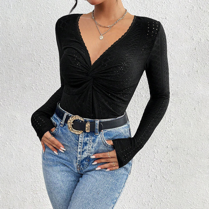 Damen Langarm Bodysuit mit elegantem V-Ausschnitt und dekorativem Knotendesign Drune