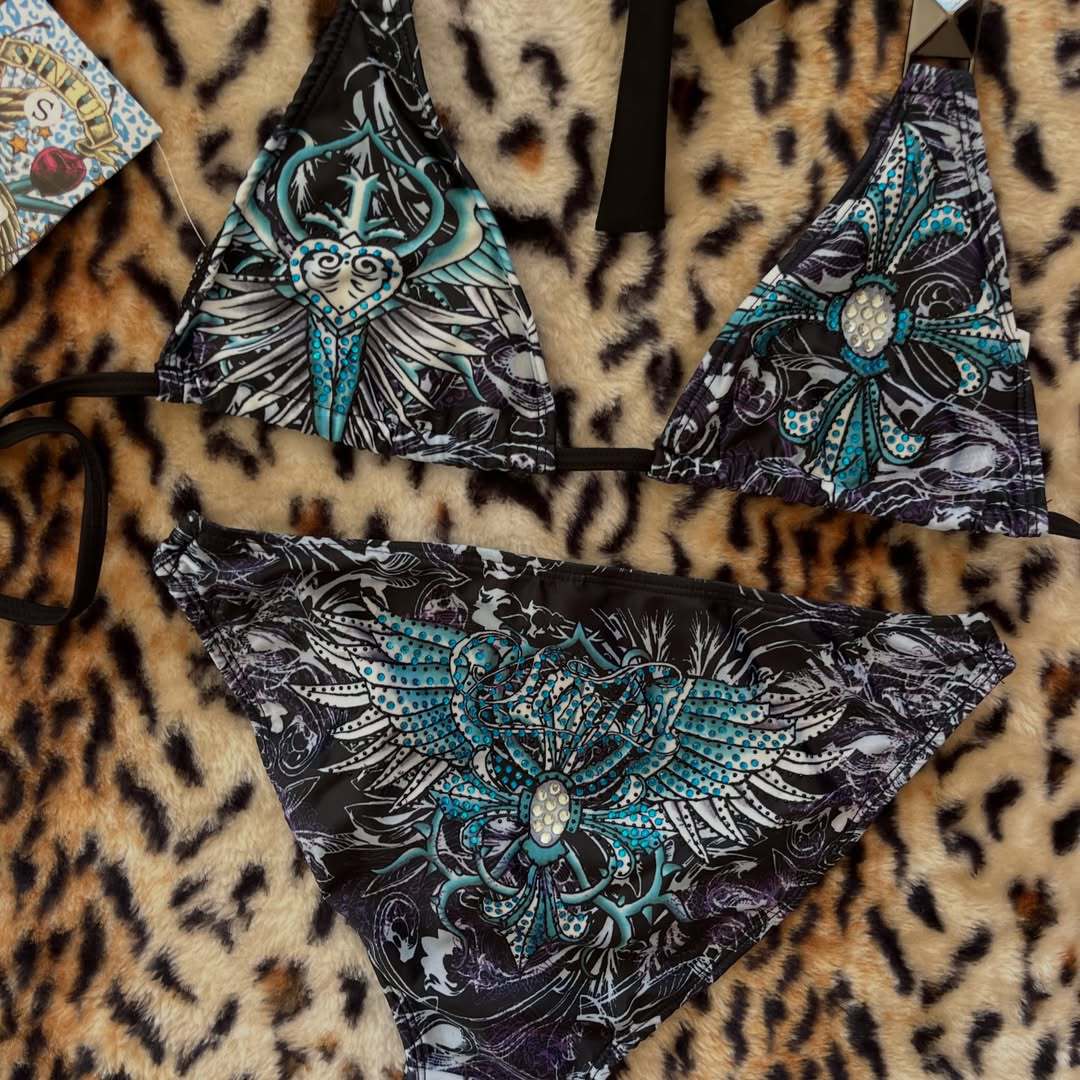 Damen Triangel-Bikini mit floralem Muster und Strass-Applikationen Drune