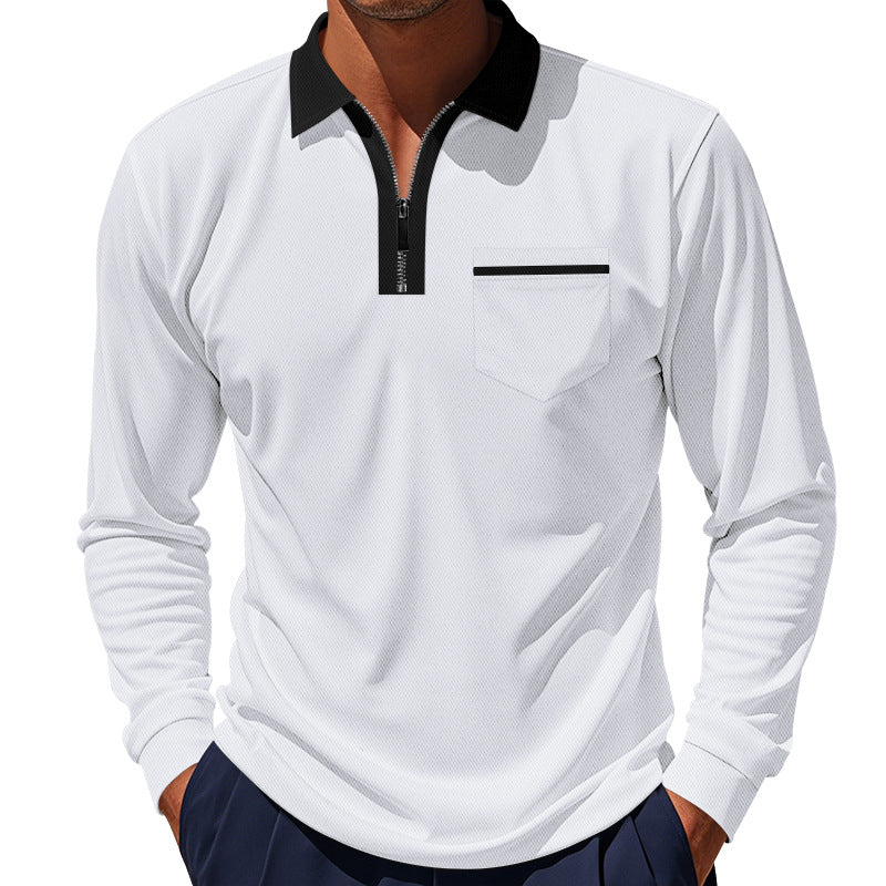 Herren nan langärmeliges Zip-Poloshirt mit Brusttasche und Kontrastkragen Drune