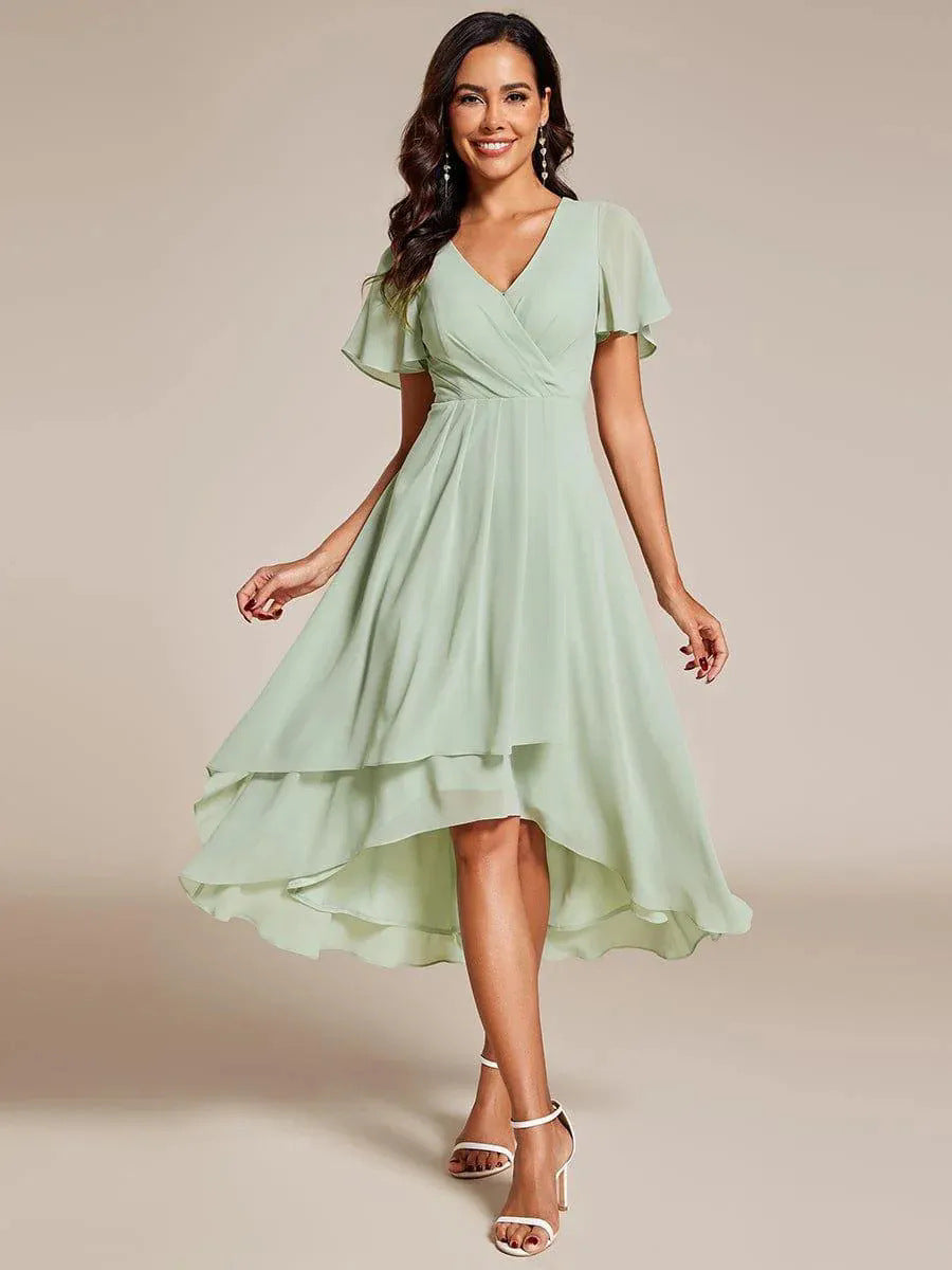 Damen elegantes Midikleid mit fließendem Stoff und asymmetrischen Ärmeln Drune