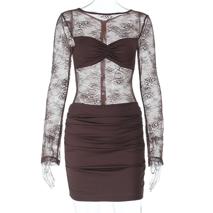 Damen Spitzenkleid mit gerafftem Rock und tiefem V-Ausschnitt Drune