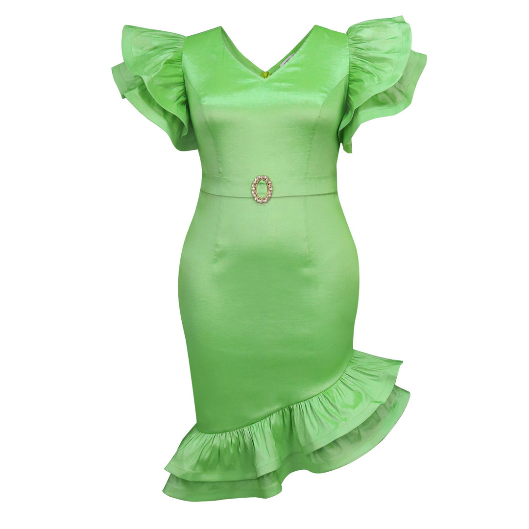 Damen elegantes Kleid mit voluminösen Rüschensäumen und tailliertem Gürtel Drune