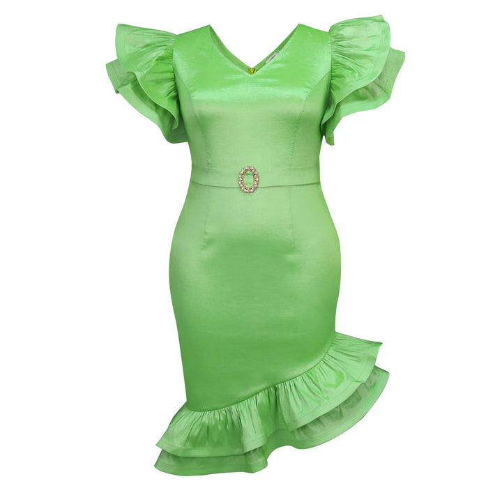 Damen elegantes Kleid mit voluminösen Rüschenärmeln und seitlichem Schlitz Drune