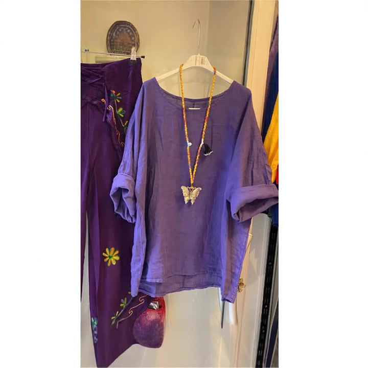 Damen Lockere Leinenbluse mit lässigem Schnitt und Rollärmeln Drune