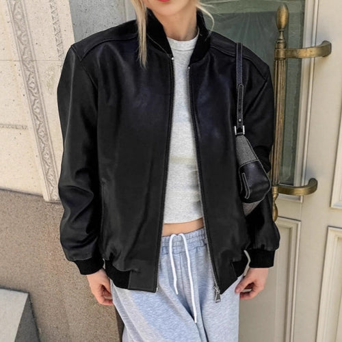 Damen Modische Bomberjacke aus weichem Kunstleder mit elastischen Bündchen Drune