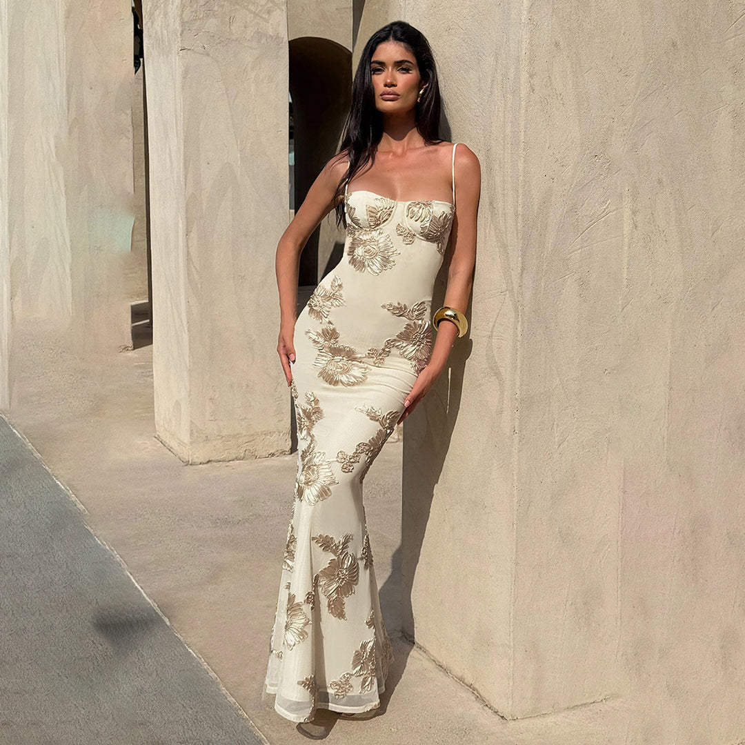 Damen Elegantes Bodenkonturierendes Maxikleid mit Spaghettiträgern und floralem Design Drune