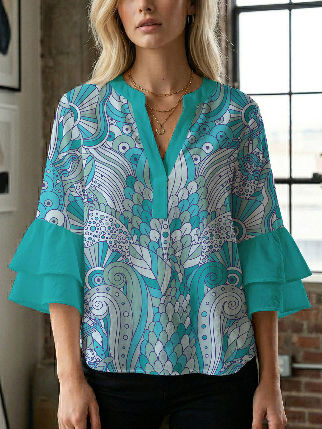 Damen Bluse mit voluminösen Rüschenärmeln und kreativem Floraldesign Drune