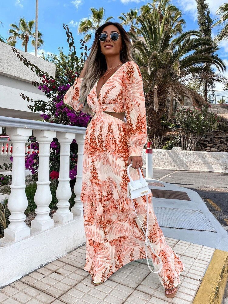 Damen Maxikleid mit floralem Schnitt und hübschen Rüschendetails Drune