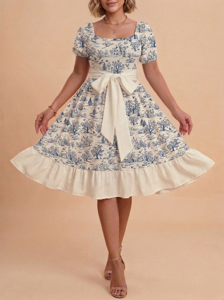 Damen Retro Maxikleid mit Puffärmeln und Taillengürtel Drune