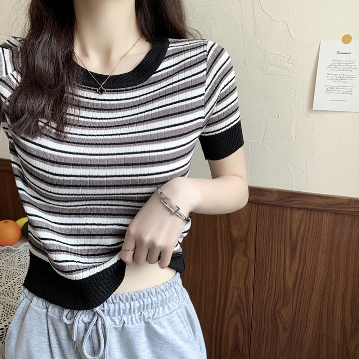 Damen Kurzarm Shirt mit modischem Streifenmuster und elastischem Saum Drune