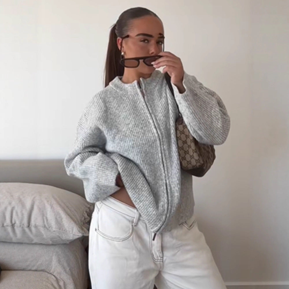 Damen kuschelige Strickjacke mit hohem Kragen und Reißverschluss Drune