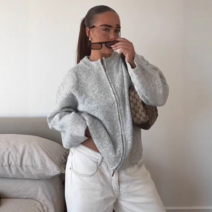 Damen kuschelige Strickjacke mit hohem Kragen und Reißverschluss Drune