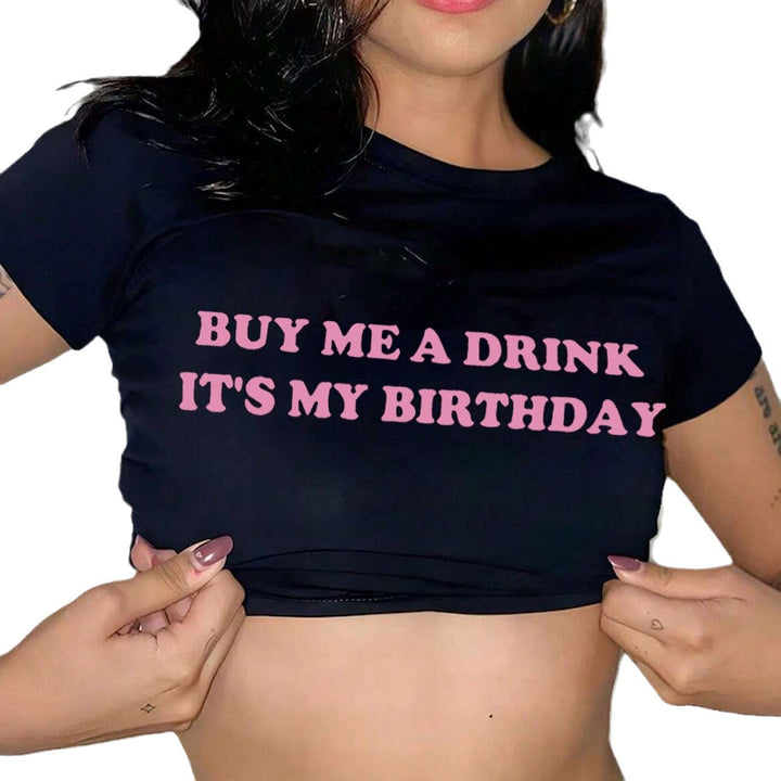 Damen Crop-T-Shirt mit witzigem Geburtstagsslogan und figurbetontem Schnitt Drune
