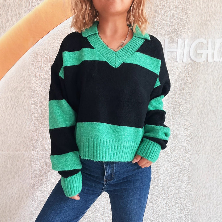 Damen Strickpullover mit modischen Streifen und V-Ausschnitt Drune