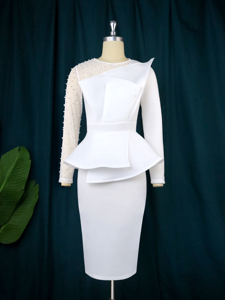 Damen Etuikleid mit transparenten Puffärmeln und dekorativem Peplum Drune