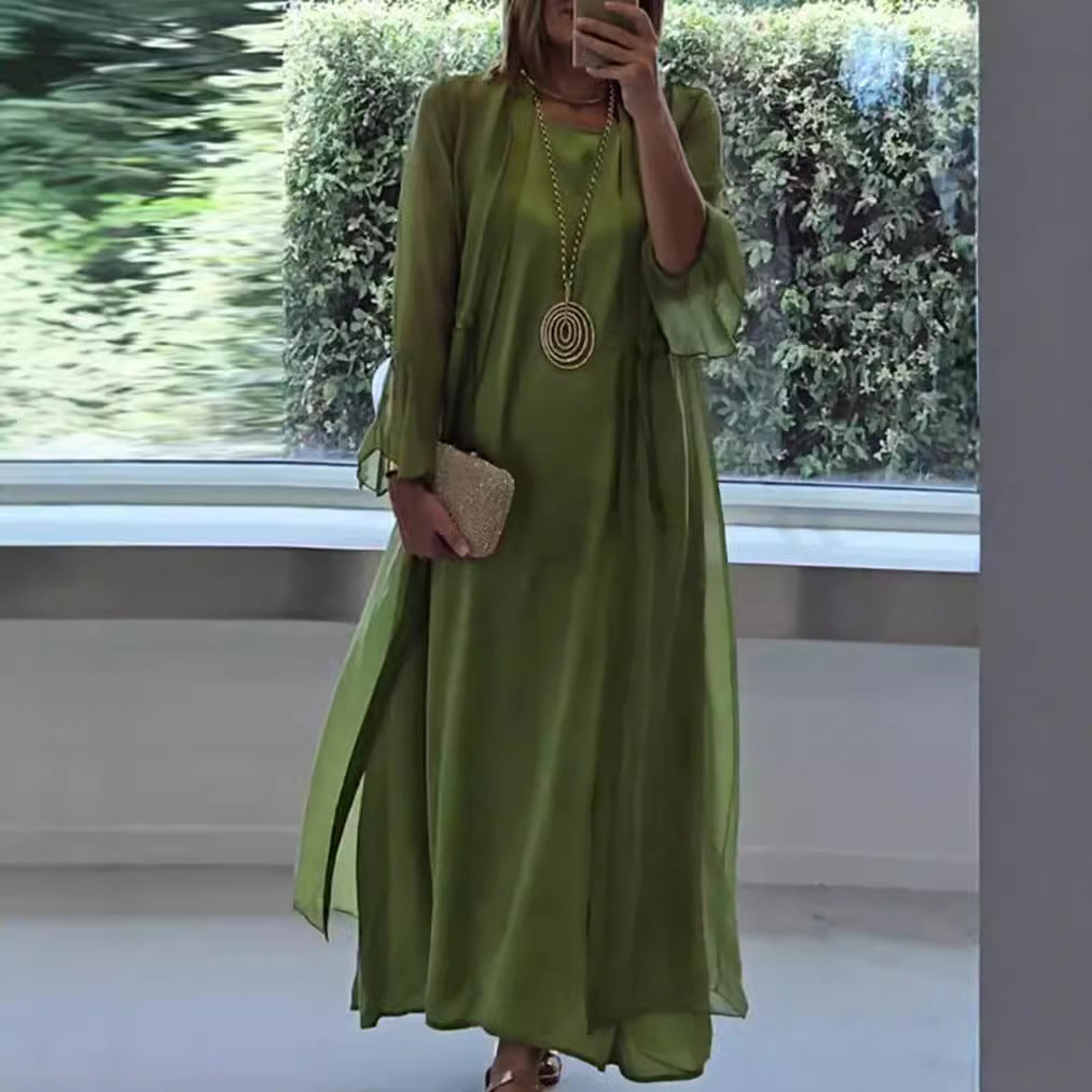 Damen nan doppellagiges Abendmaxikleid mit transparentem Überwurf, geschmeidigem Innenkleid, Taillenbändern und Trompetenärmeln Drune