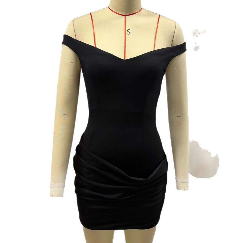 Damen elegante Off-Shoulder Minikleid mit tiefem V-Ausschnitt und gerafftem Saum Drune