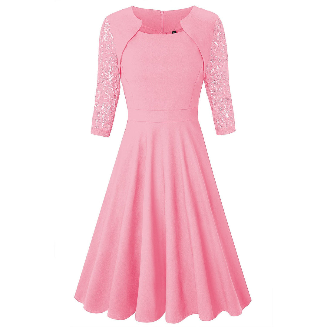 Damen Midi-Kleid mit Spitzenärmeln und schwingendem Rock Drune