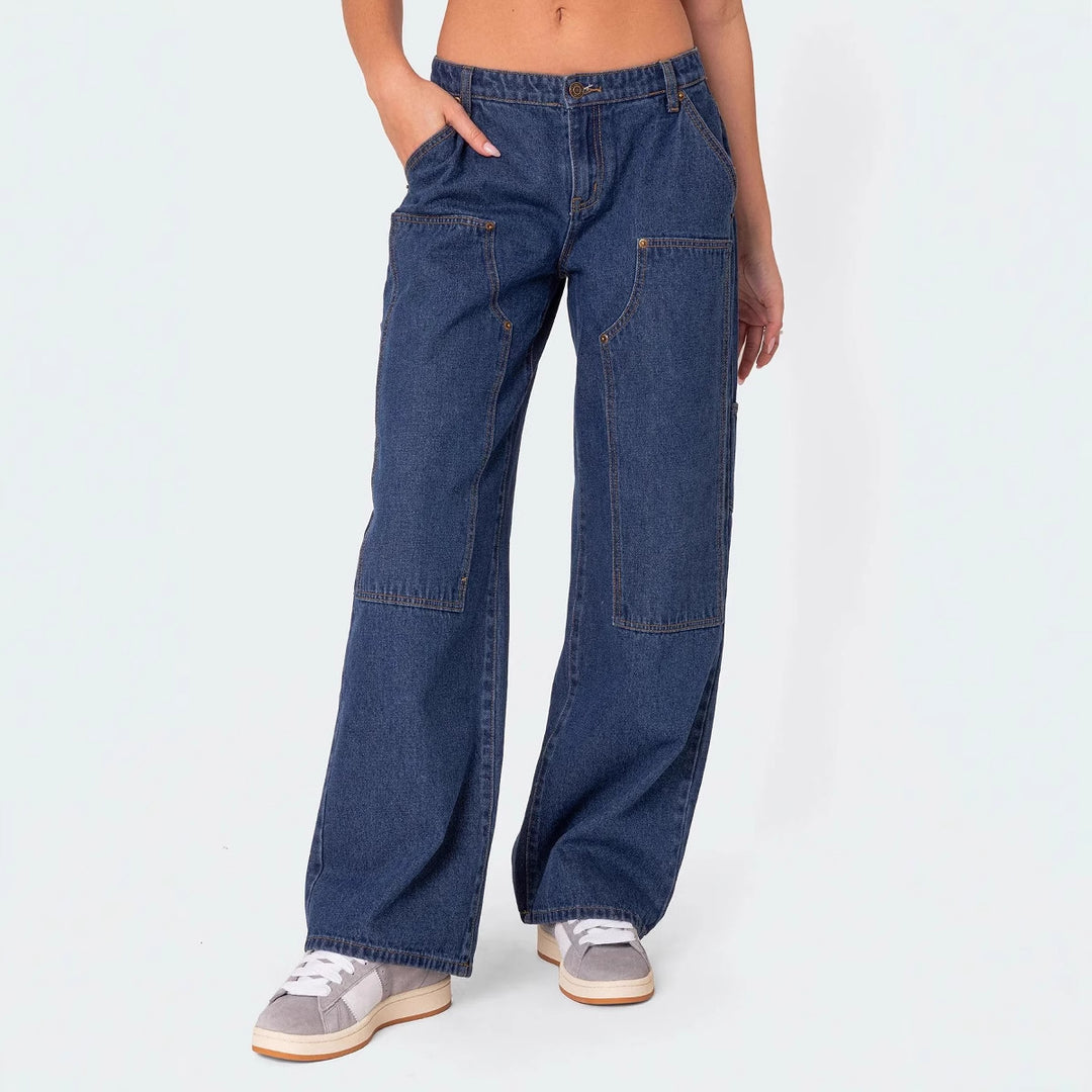 Damen Weit geschnittene Utility-Jeans mit praktischen Taschen und hohem Bund Drune