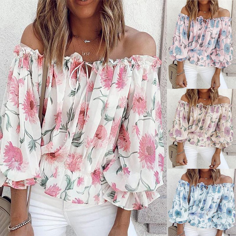 Damen romantische Bluse mit floralem Muster und Volantärmel Drune