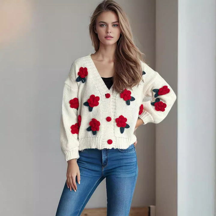 Damen Strickjacke mit floralen Applikationen und knöpfbarem Design Drune