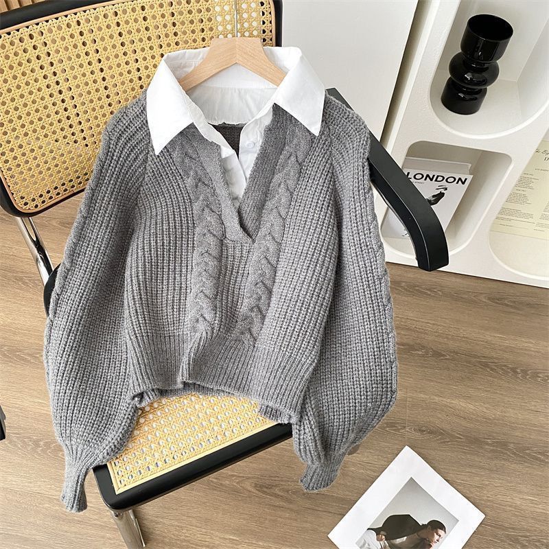 Damen Stilvoller Strickpullover mit tiefem V-Ausschnitt und Zopfmuster Drune